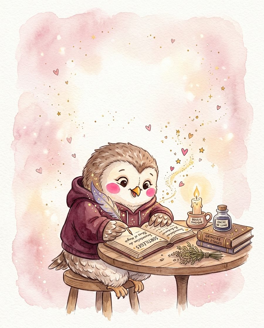 La Chouette Cosy écrit dans son grimoire à la plume