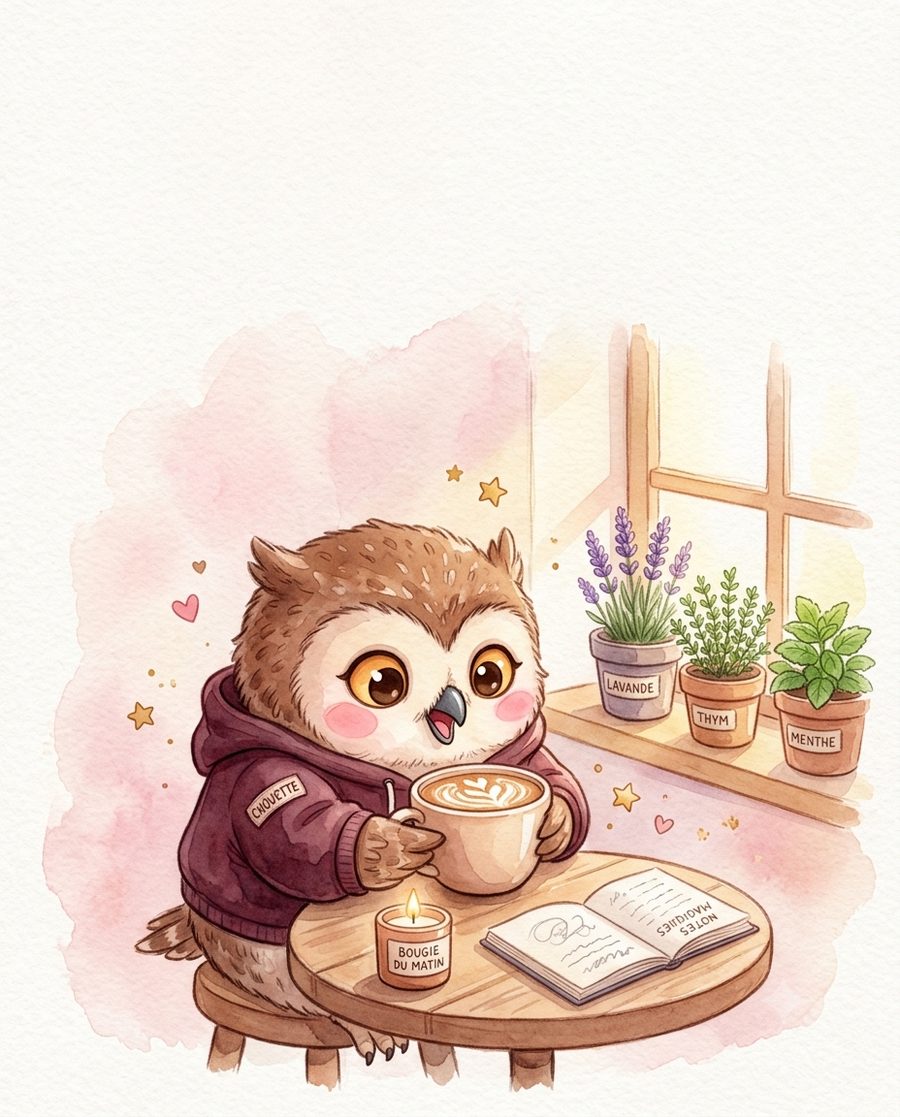 La Chouette Cosy ravie, sa tisane à la main devant son carnet de notes magiques