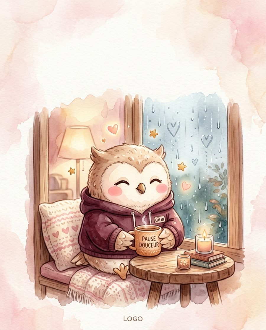La Chouette Cosy blottie sous un plaid avec un chocolat chaud