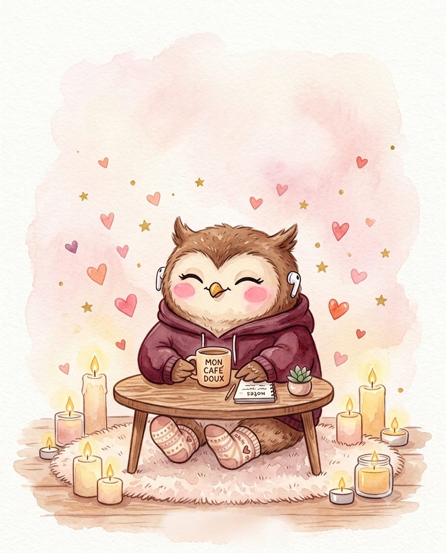 La Chouette Cosy, blottie avec son cacao et ses bougies